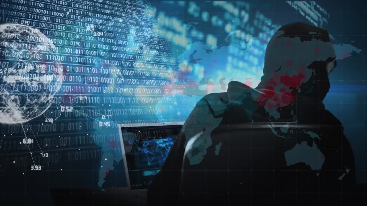 animación de procesamiento de datos y globo sobre hacker masculino caucásico