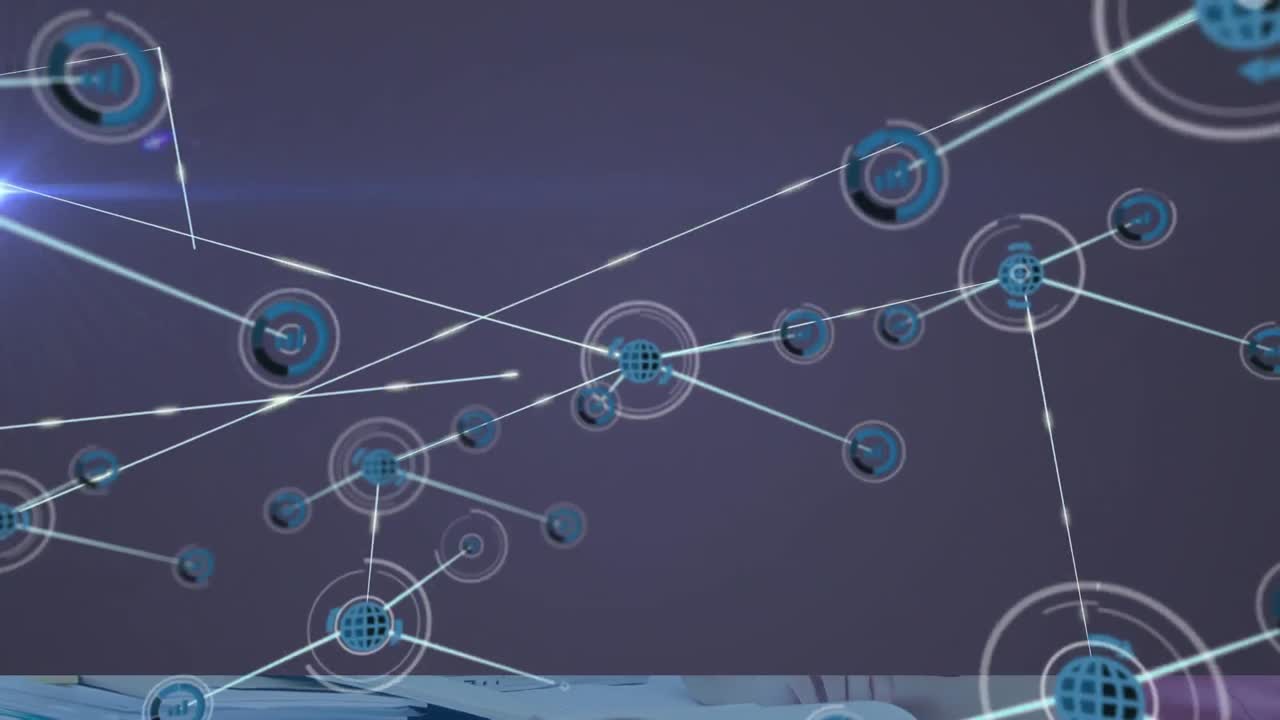 Animation of network of connections with globe icons on purple background