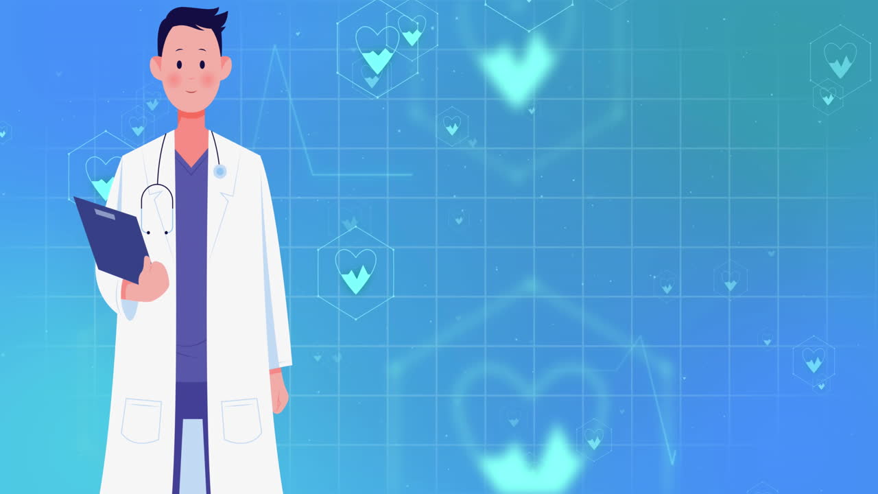 파란색 배경에 클립보드를 가진 의사와 함께 의료 아이콘의 애니메이션