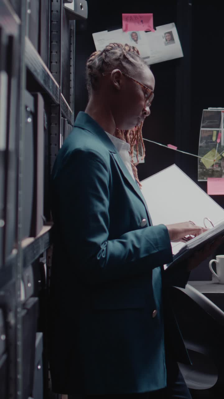 Vertical video: African american agent reviewing evidence to solve crime