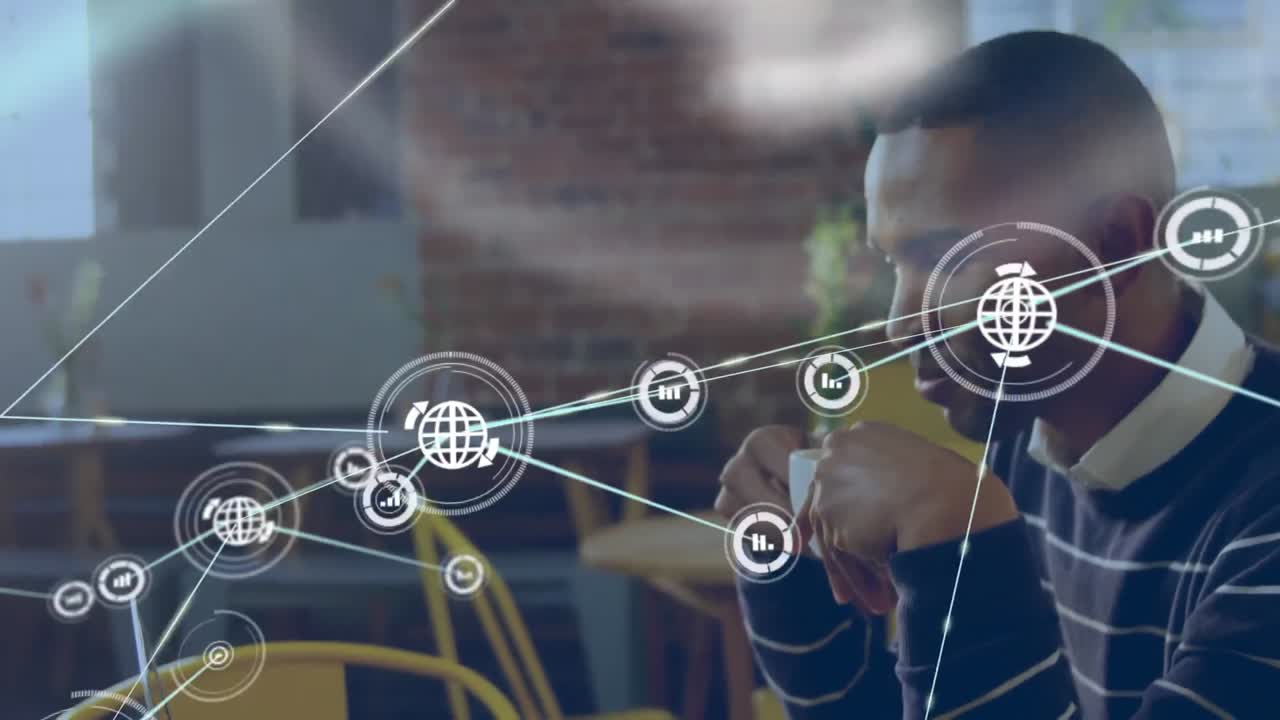 Animation of network of digital icons against biracial man drinking coffee at a cafe