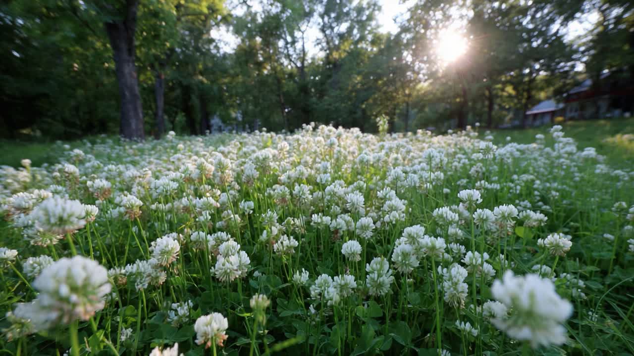 A Serene Meadow Bathed in Soft Sunshine: The Tranquil Beauty of White Clover Blossoms and Lush Green Grass Captured in an Enchanting Landscape