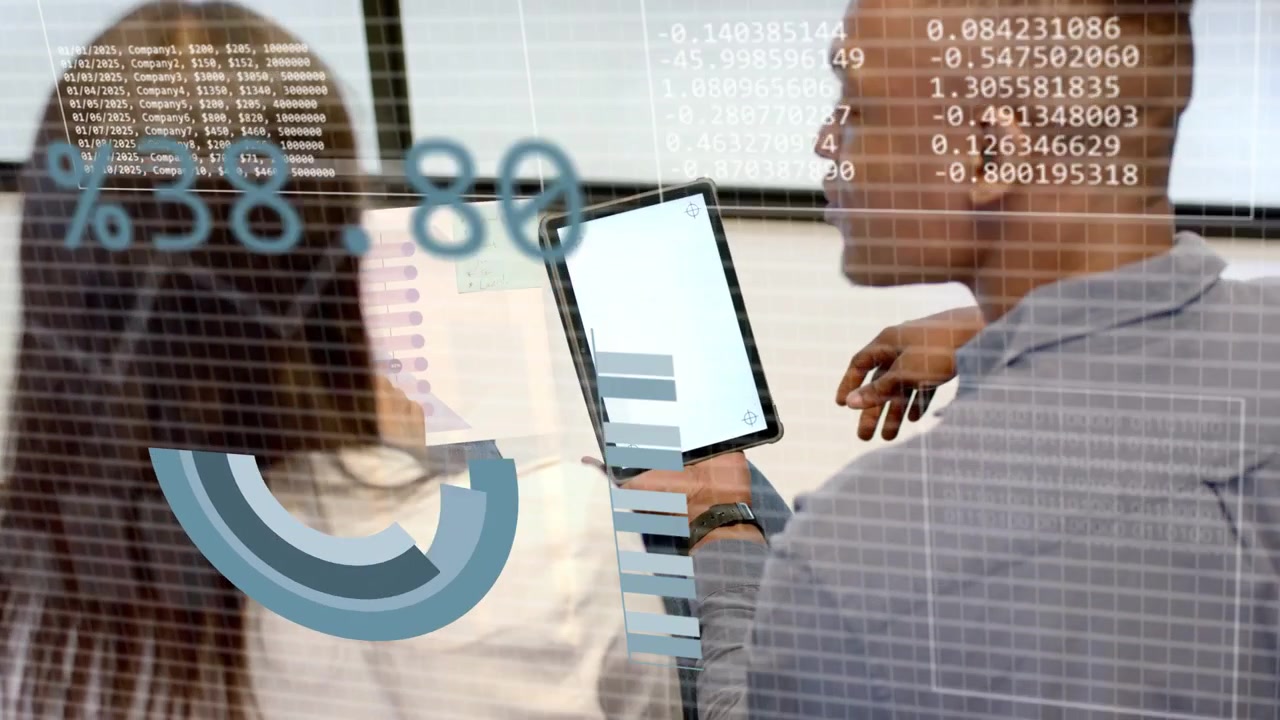 Man tapping tablet woman noting in training, sparking animated pie bars rings waveform for analysis