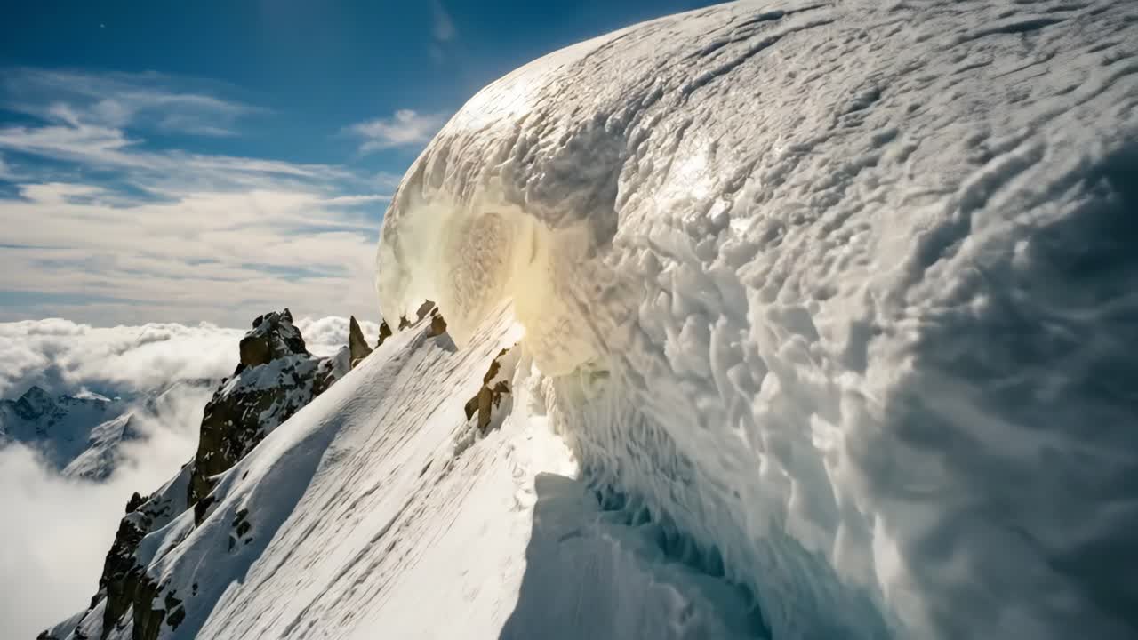 Sole splendente illumina la cresta montuosa innevata sopra le nuvole