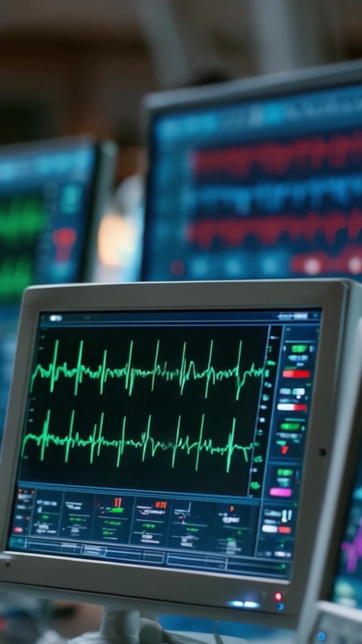 Monitoraggio dei segni vitali: schermi di visualizzazione medici avanzati mostrano modelli di battito cardiaco in un ambiente clinico con forme d'onda verdi oscillanti su monitor multipli.