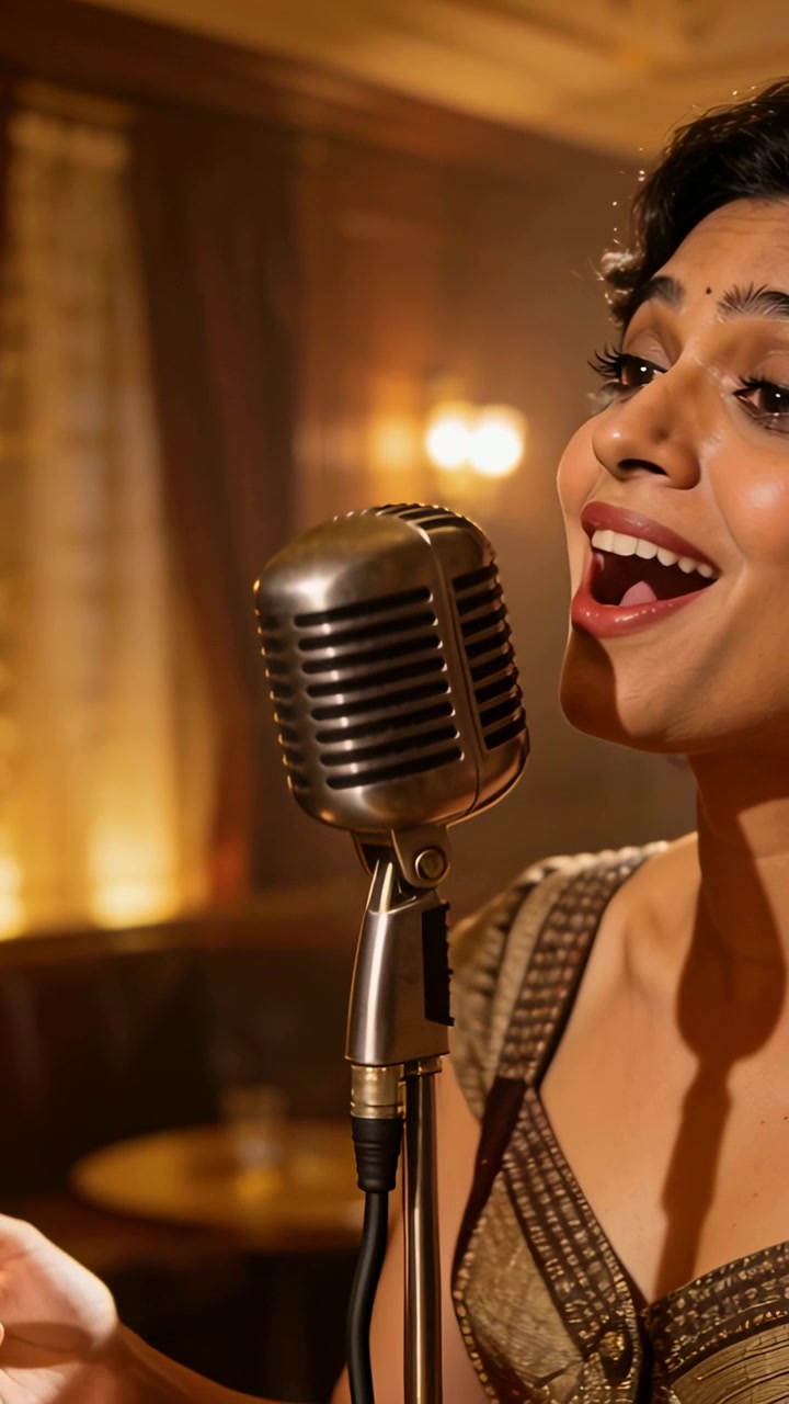 Video verticale: Cantante che si esibisce, indossando un abito dorato e un bindi, cantando in un microfono vintage a tempo in una lounge.