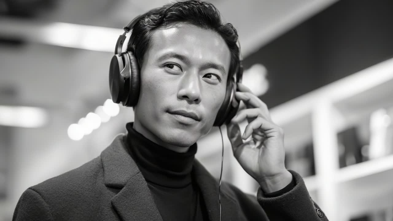 A Stylish Man Enjoying Music with Headphones in a Modern Environment, Showcasing the Passion for Audio and Personal Style in a Breathtaking Black and White Capture