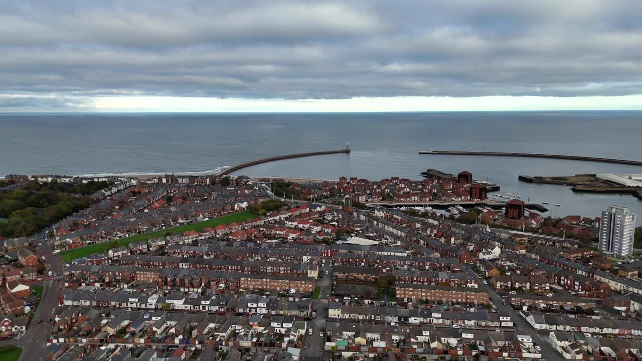 Aerial drone view sunderland north east england uk tyne and wear wearside british english town city fulwell roker seaburn stadium of light