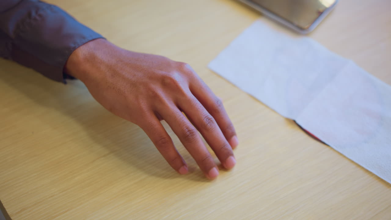 Overhead view of young man's hand making peace gesture on light wooden table near folded napkin and smartphone, expressing casual moment, stillness, and relaxed mood in ambient indoor environment