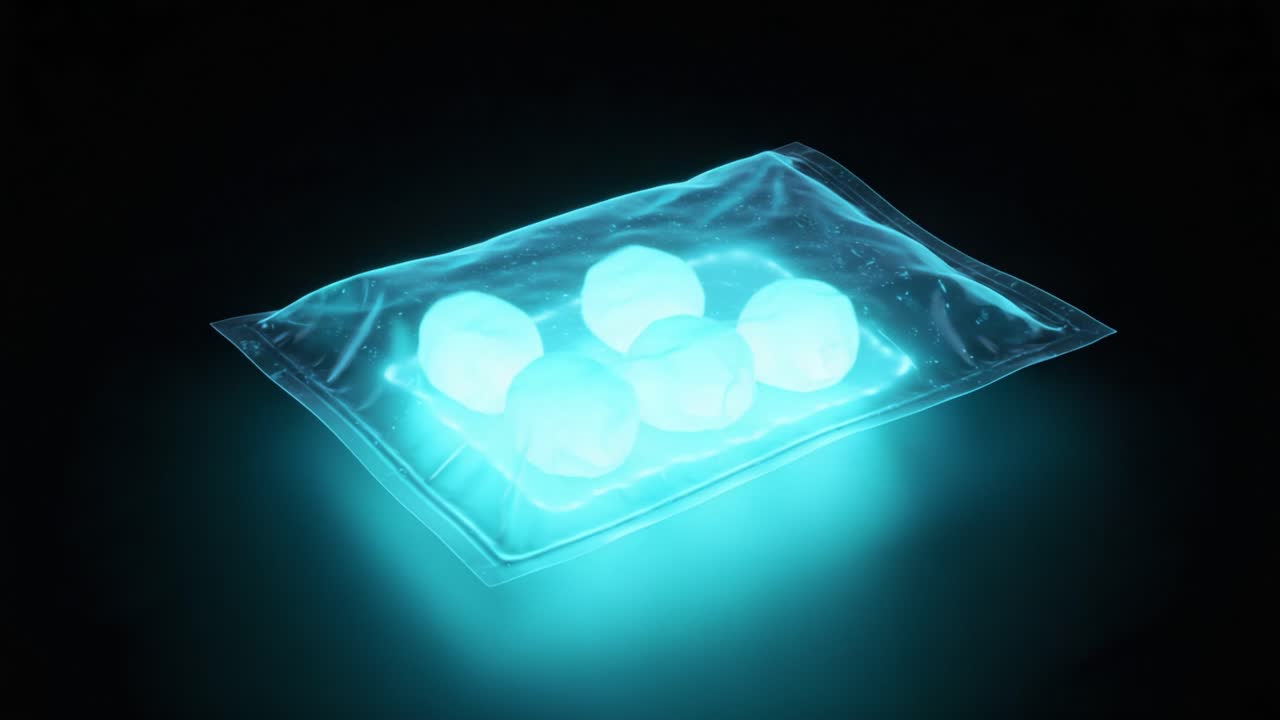 A Glowing Package of Spheres Encased in Transparent Material, Exhibiting a Mysterious Luminescence Against a Dark Background in an Enigmatic Display