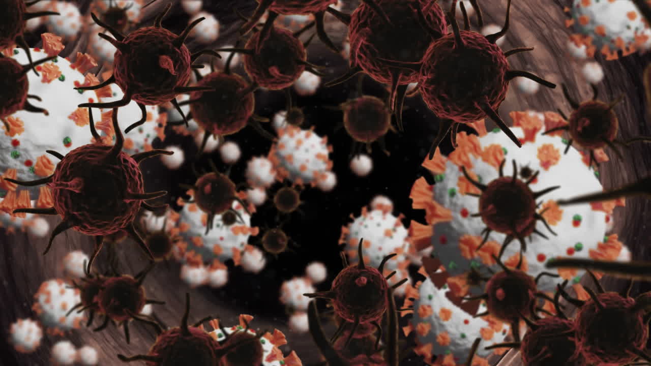 정맥에 떠다니는 거대한 코로나19 세포의 애니메이션입니다.