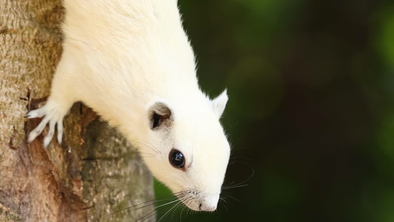 A white squirrel clings to a tree trunk, showcasing its agility and unique fur against a blurred green background.