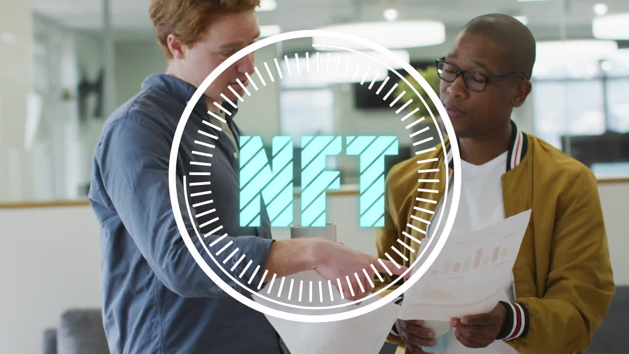 Animation of nft text over diverse business people talking