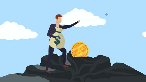 joven empresario con bitcoin y bolsa de dinero