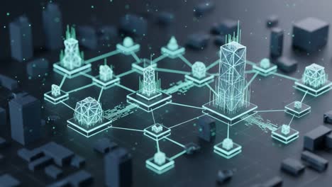 a futuristic urban landscape showcasing advanced building designs and connectivity through a digital grid, highlighting the interconnectedness of modern city structures