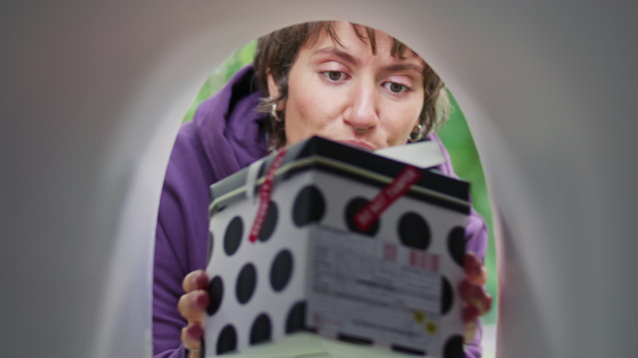 Smiling Woman Collecting Polka-Dotted Parcel Containing Present from Mailbox