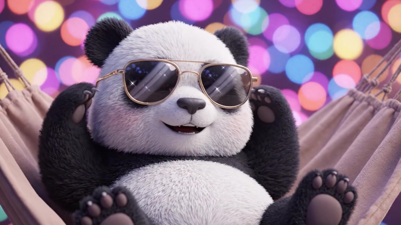 Incantevole relax: Un panda giocoso che si gode un momento di svago con gli occhiali da sole, comodamente adagiato in un'amaca su uno sfondo colorato di luci bokeh