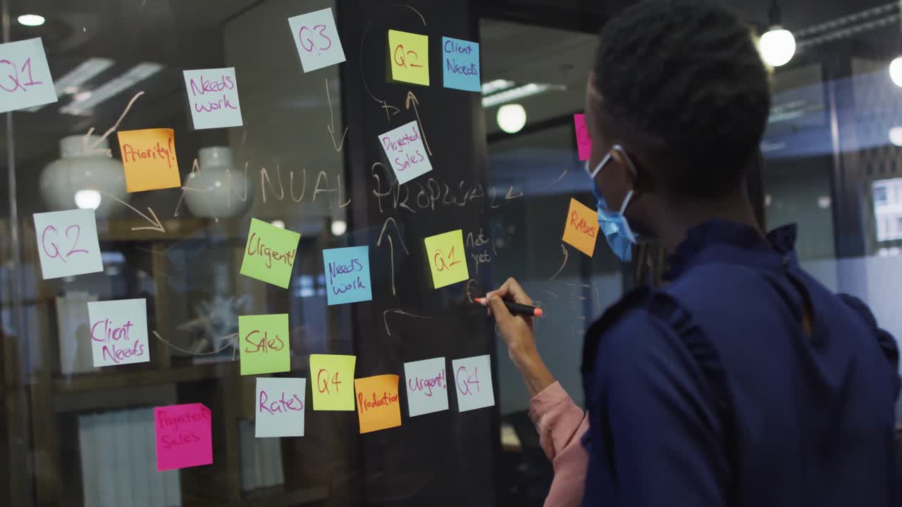 mujer asiática con máscara facial escribiendo con lápiz de marcador en un tablero de vidrio en una oficina moderna