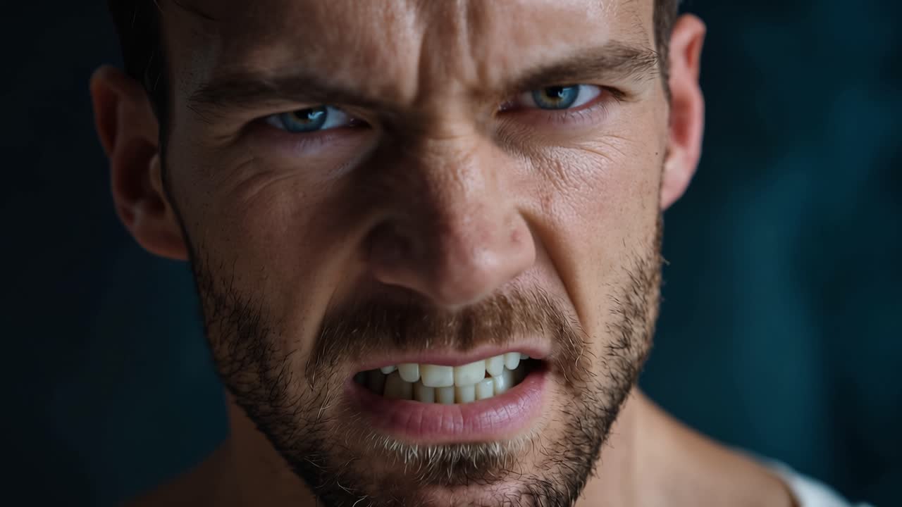 Intense Expressions: A Close-Up Study on Facial Rage and Emotion Displayed by a Man Showing Anger and Frustration Through Compelling Facial Features