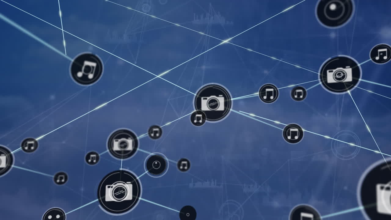 디지털 아이콘으로 연결된 회로판 네트워크의 애니메이션