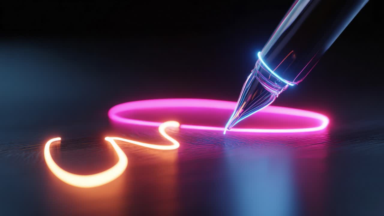 Abstract futuristic concept of a glowing pen writing a vibrant, colorful light trail on a dark, reflective surface, creating an elegant signature with neon ink in a creative digital process