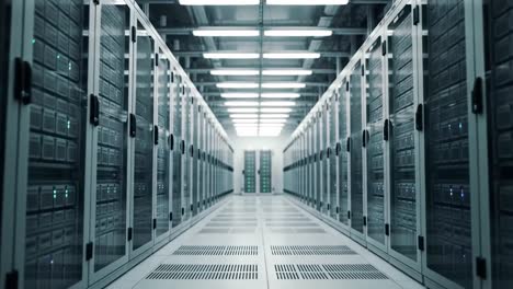a modern data center features rows of high-capacity servers organized in sleek cabinets. bright lights illuminate the aisle, reflecting a commitment to technology and data management efficiency.