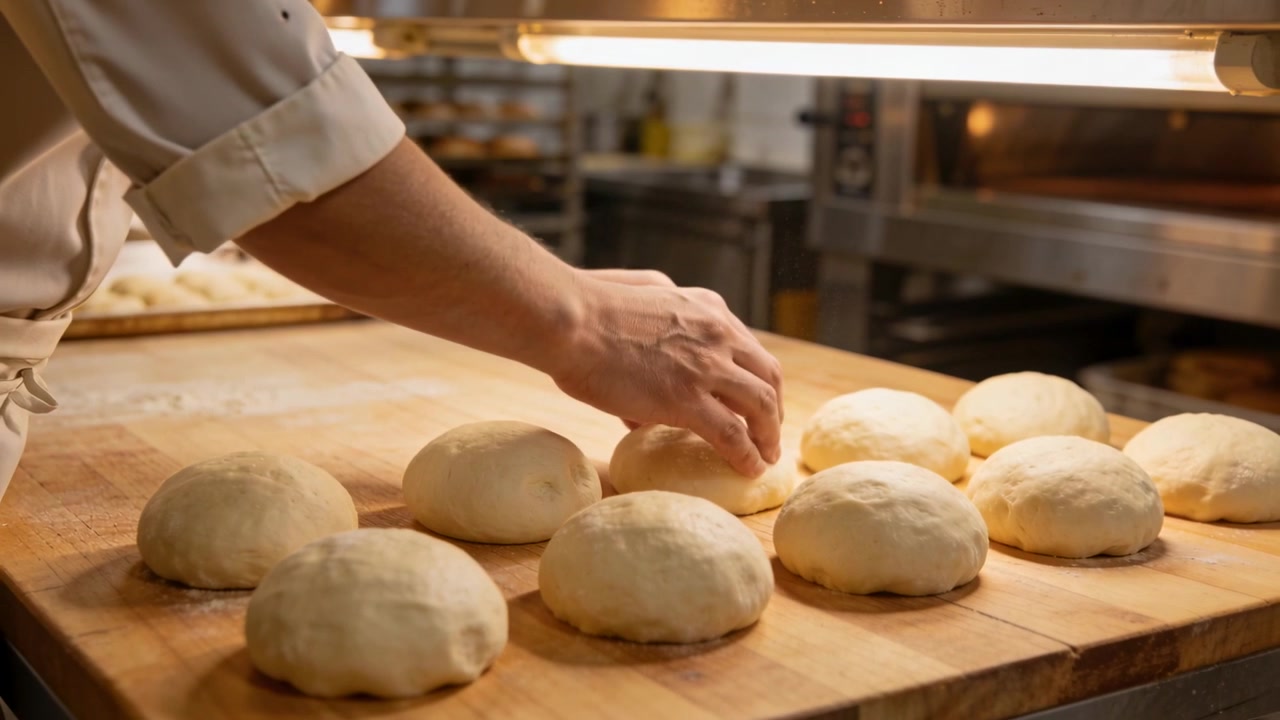 Panettiere con la giacca da chef e le maniche arrotolate che modella palline di impasto su un banco, pronte per il forno, allungando la mano destra.