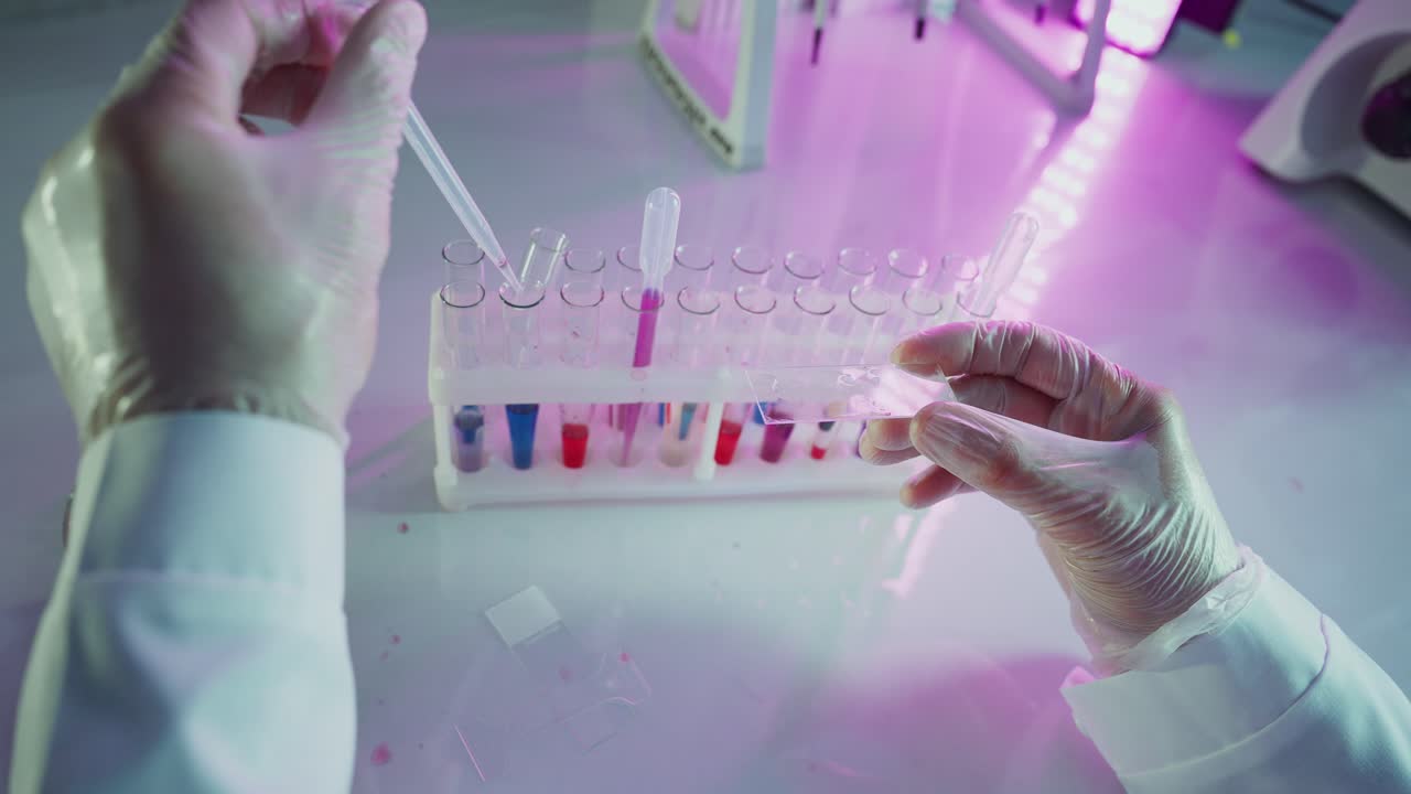 Scienziato in guanti che pipetta liquido su un vetrino da microscopio in laboratorio
