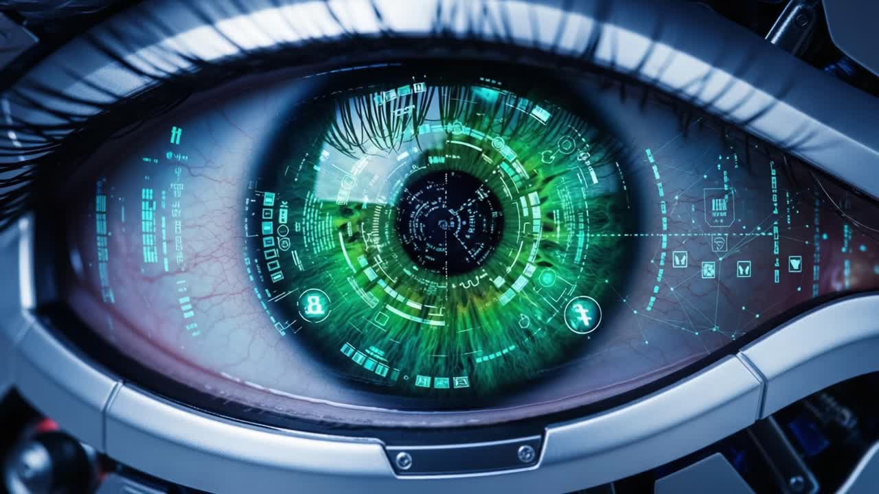A Stunning Close-Up of a Futuristic Cybernetic Eye Featuring an Intricate Display of Digital Information, Highlighting Advancements in Technology and Artificial Intelligence