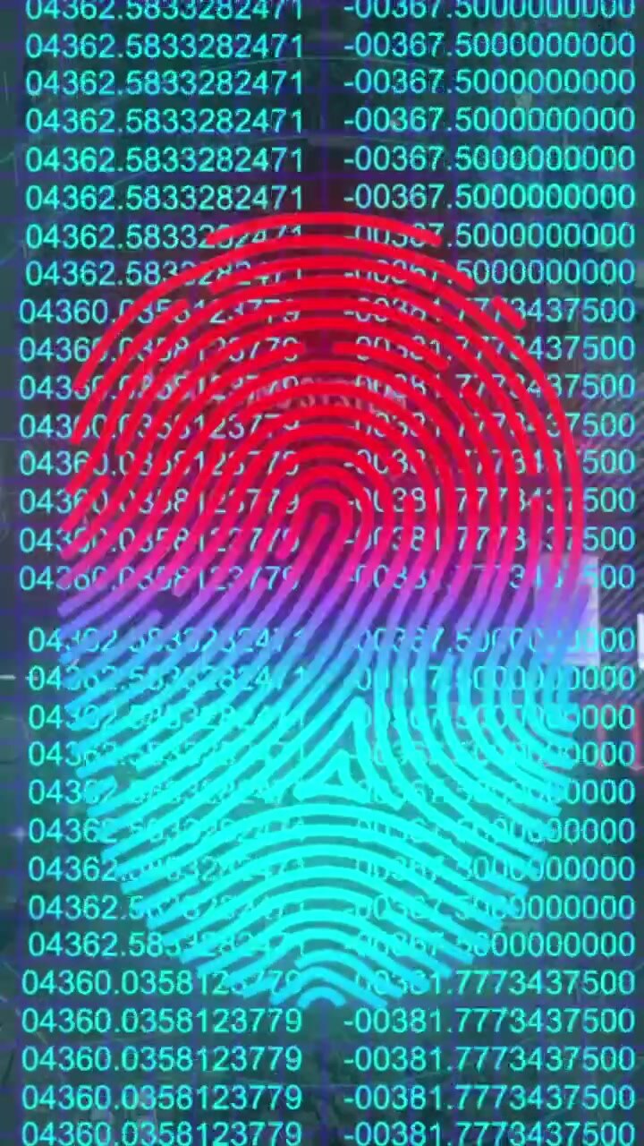 Animation of biometric fingerprint scanner over data processing against green background