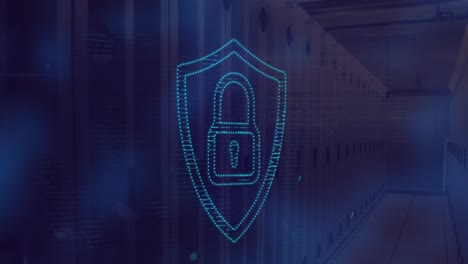 animación del icono del candado de seguridad y el punto de luz contra la sala del servidor de la computadora