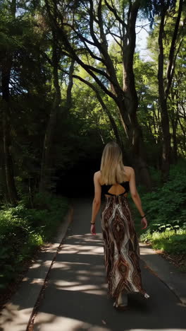 una mujer caminando por un bosque.