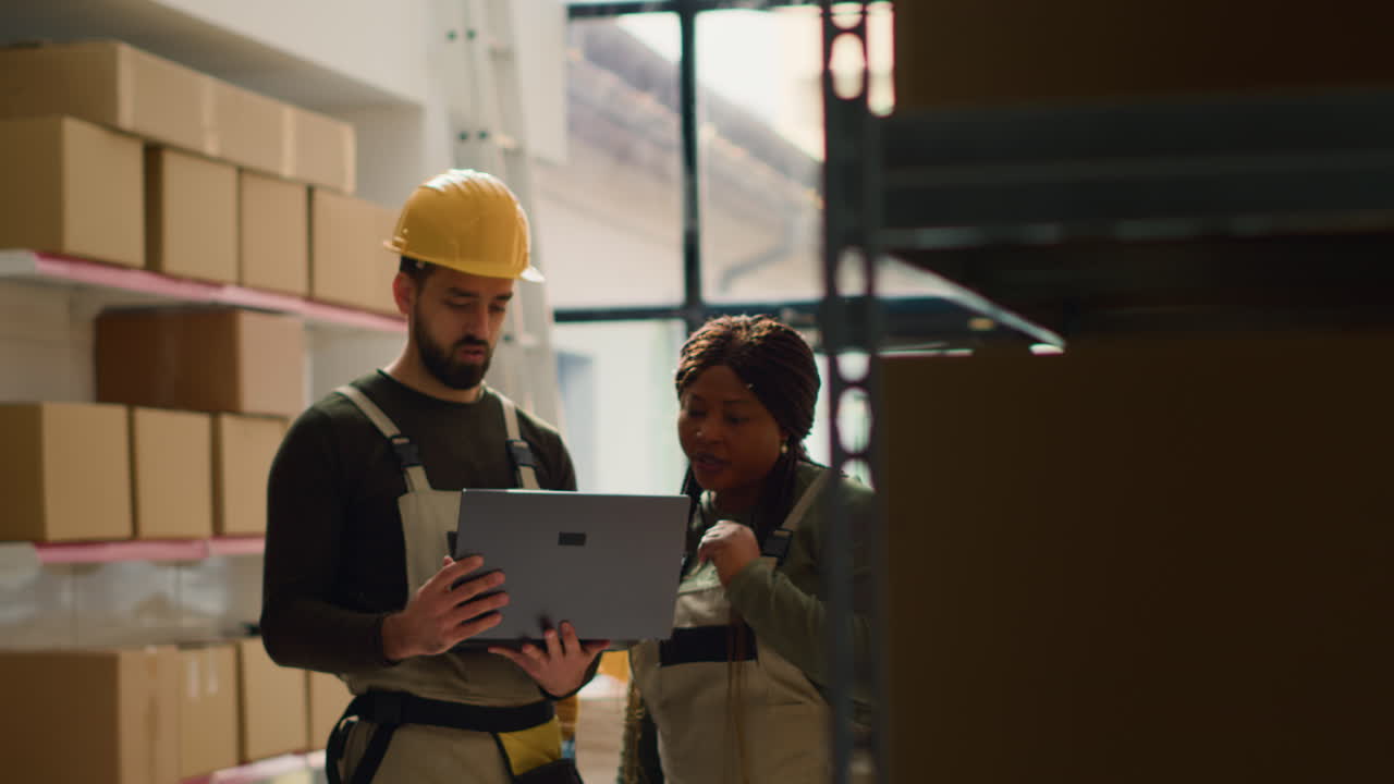 Warehouse workers checking inventory with a laptop