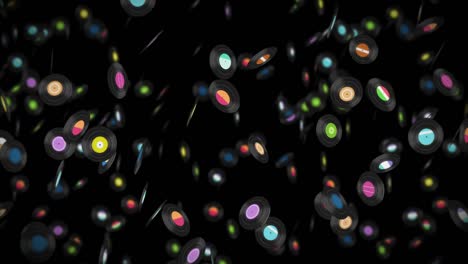 flying many vinyl records on black background. old technology. retro design. 3d animation of music record rotating. loop animation.