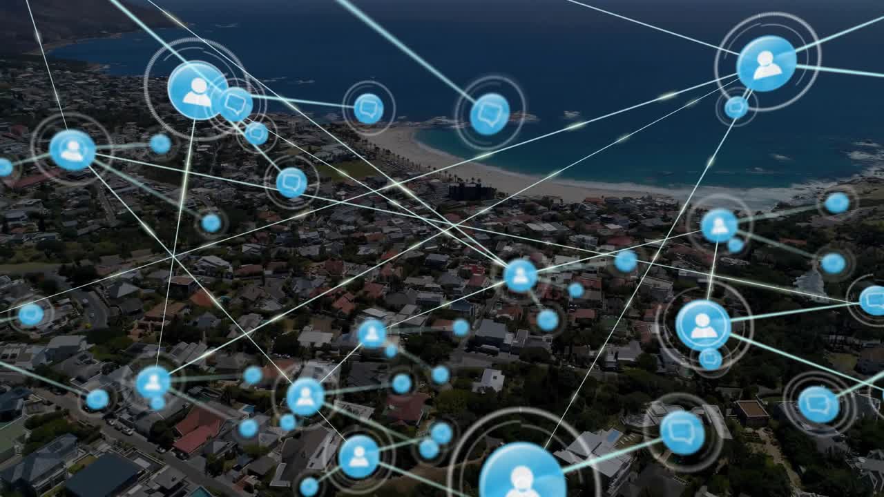 Glowing blue user icon appearing center, nodes connecting across homes to visualize network growth