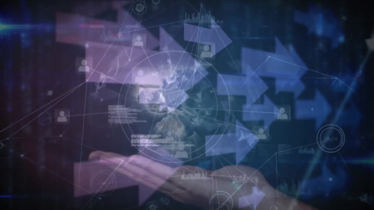 animación de flechas , red de conexiones y globo girando sobre la mano de una mujer caucásica