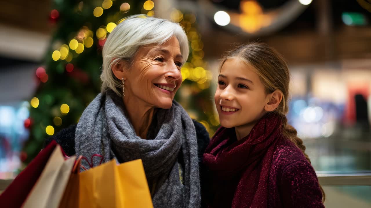 A heartwarming moment between a grandmother and granddaughter captured during the festive shopping season, showcasing the joy of family connections and the holiday spirit in a beautifully decorated environment