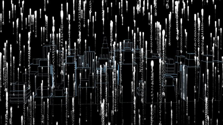Animation of white light trails over 3d drawing of city on black background