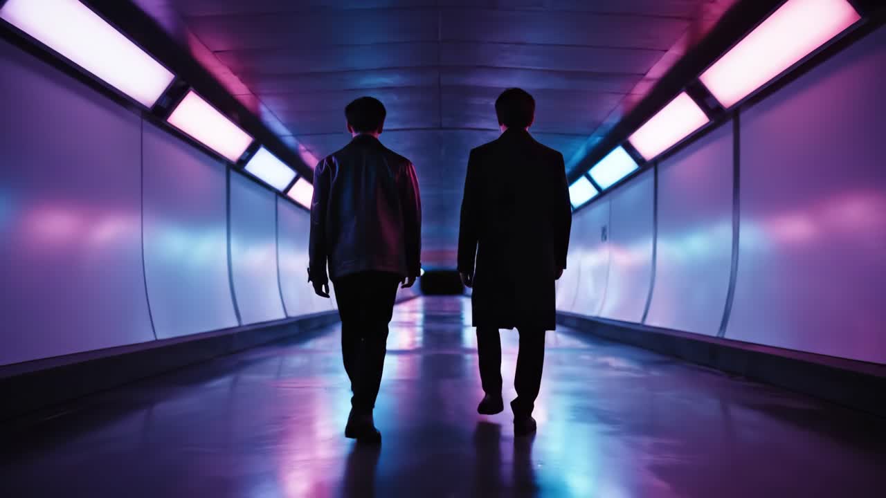Dois homens andando em um túnel com luzes neon