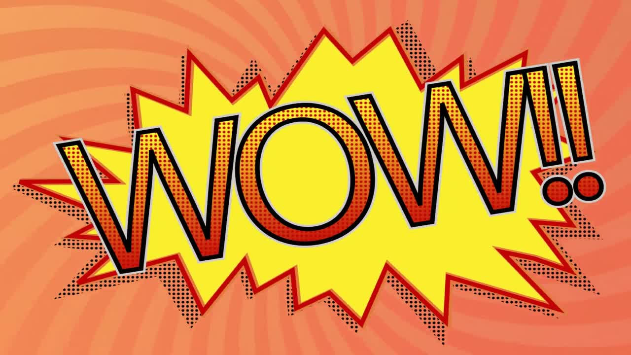 animación de la burbuja de habla de dibujos animados vintage con wow!! texto en fondo a rayas naranjas