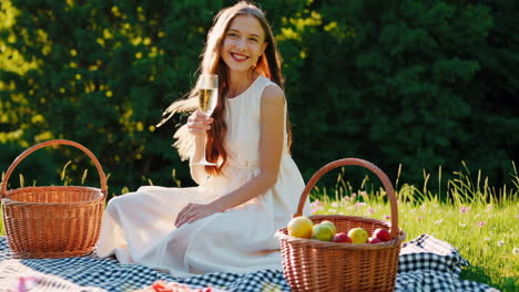 woman enjoying a picnic with champagne