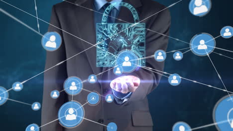 animación de la red de conexiones con iconos, candado digital y hombre de negocios