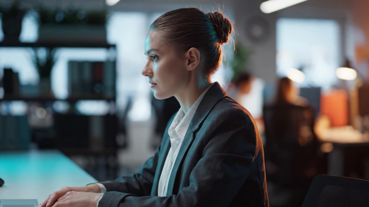 Focused Professional on Computer in Modern Office Environment, Engaged in Work, with Inspirational Lighting and Collaborative Atmosphere Surrounding Her