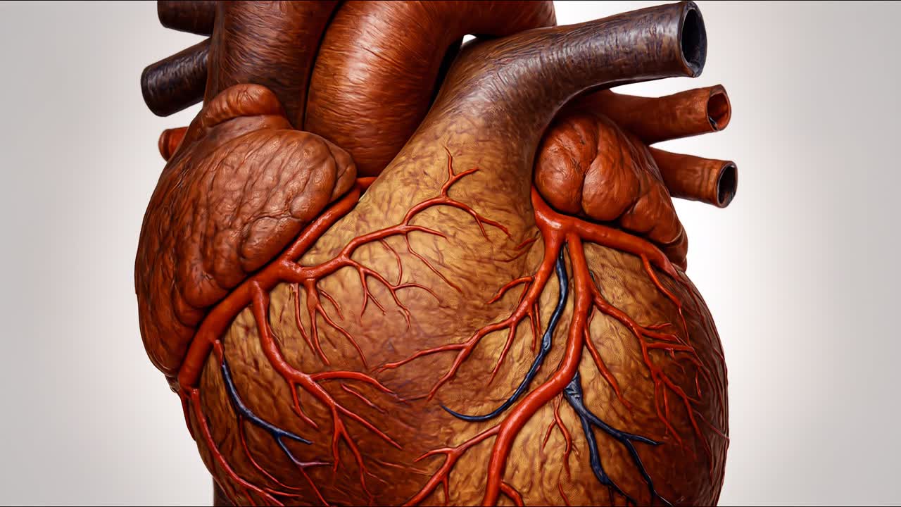 Modello anatomico realistico di cuore con colorazione naturale, che mostra vasi sanguigni e struttura muscolare, in visualizzazione medica