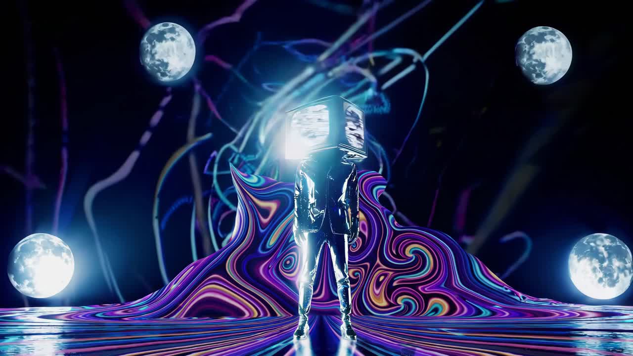 cabeza de televisión cyberpunk en un espacio psicodélico