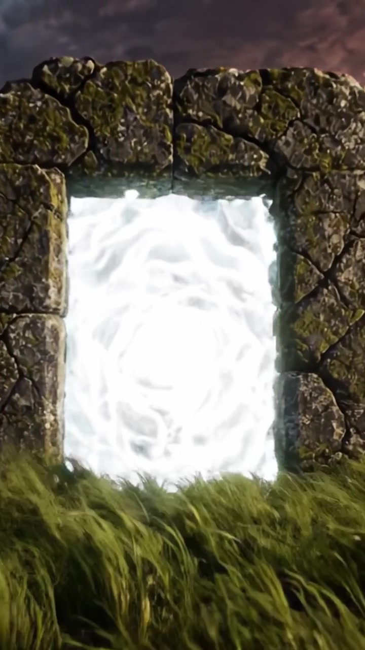 A Mystical Portal Unveiled: A Journey Through Time and Space with an Enigmatic Gate Surrounded by Lush Greenery against a Dramatic Sky