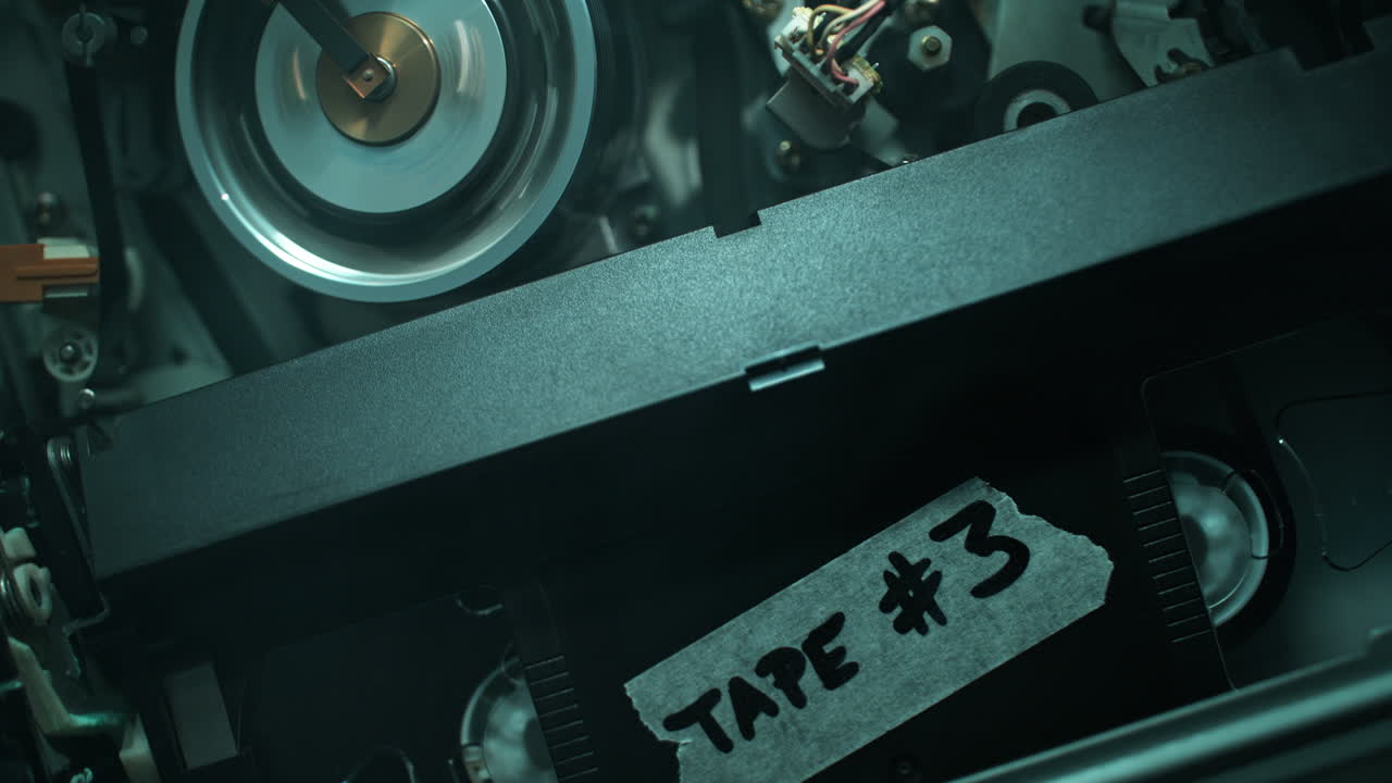 Playing a VHS Cassette in a VCR without the Top Cover - Top View of the Device Mechanism in a Smoky Interrogation Room