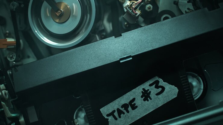 Playing a VHS Cassette in a VCR without the Top Cover - Top View of the Device Mechanism in a Smoky Interrogation Room