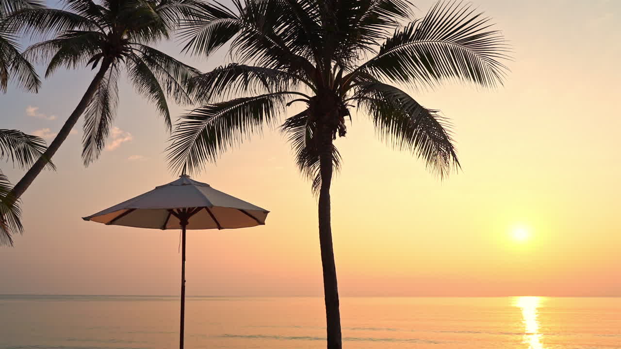 Silhouette of palm trees and sun umbrella with sea in background at sunset