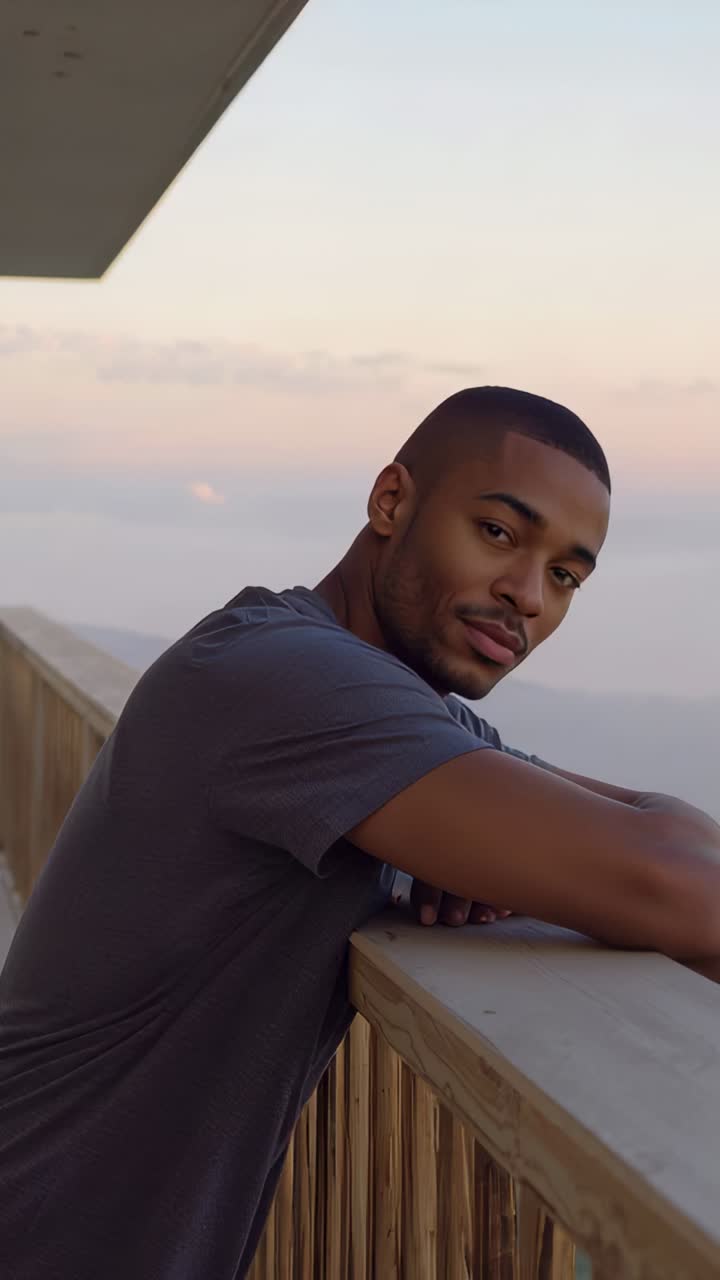Vertical video: Leaning man in dark gray tee on wooden rail at dawn closing eyes and facing camera